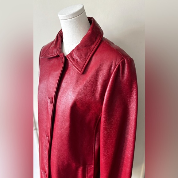 90s Vintage Cherry Red Leather Oversized Flattering Boxy Fit Button Front Jacket - Picture 2 of 16